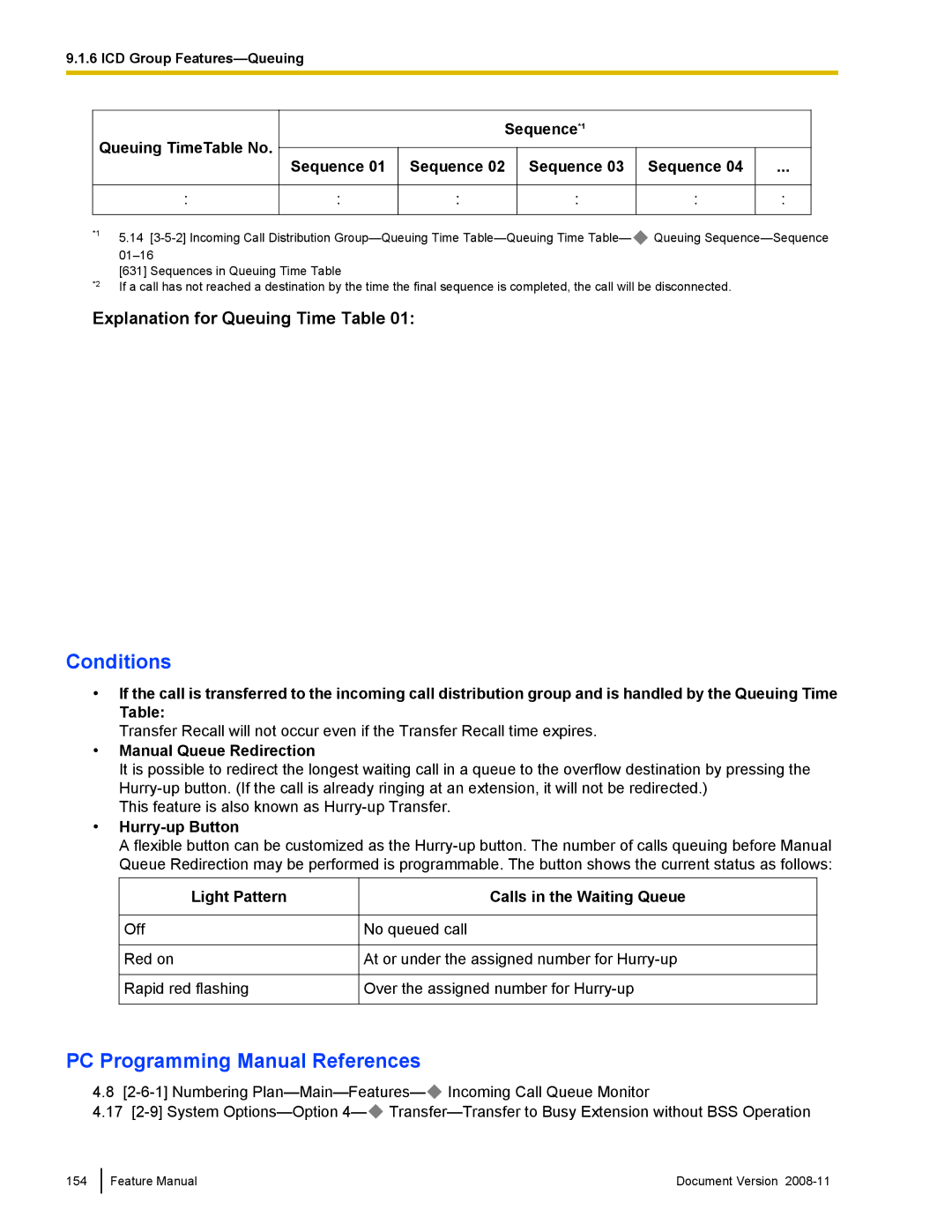 Panasonic KX-TDA50 manual Explanation for Queuing Time Table, Queuing TimeTable No Sequence *1, Manual Queue Redirection 