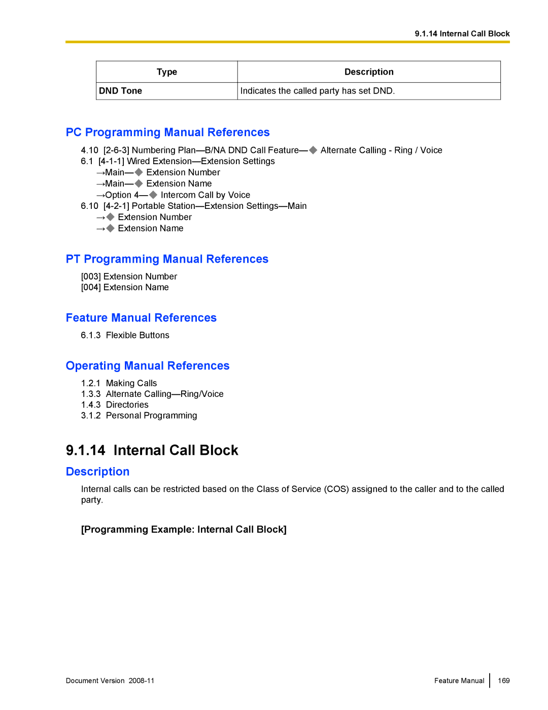 Panasonic KX-TDA50 manual Programming Example Internal Call Block, Cos 