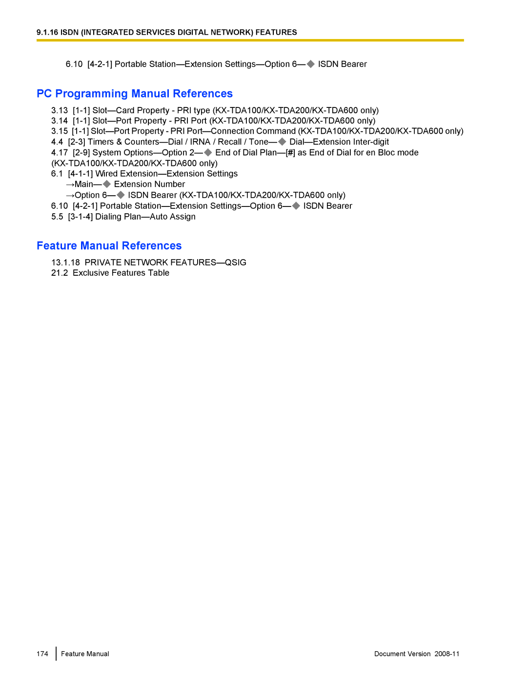 Panasonic KX-TDA50 manual Private Network FEATURES-QSIG 21.2 Exclusive Features Table 