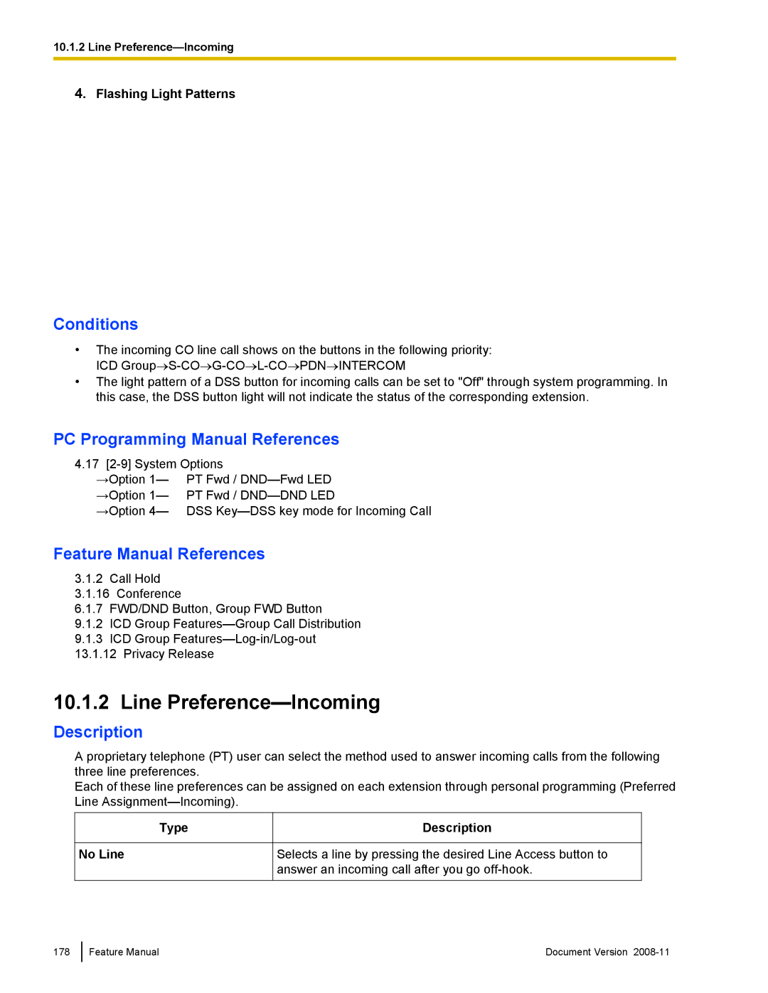 Panasonic KX-TDA50 manual Line Preference-Incoming, Flashing Light Patterns, Type No Line Description 