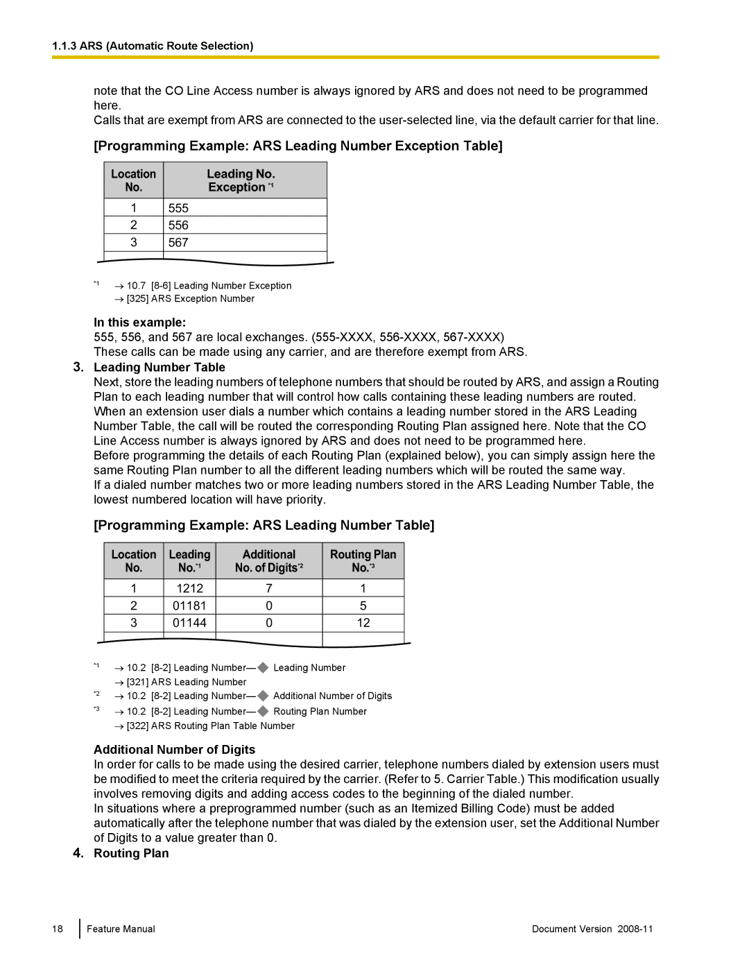 Panasonic KX-TDA50 Programming Example ARS Leading Number Exception Table, Programming Example ARS Leading Number Table 