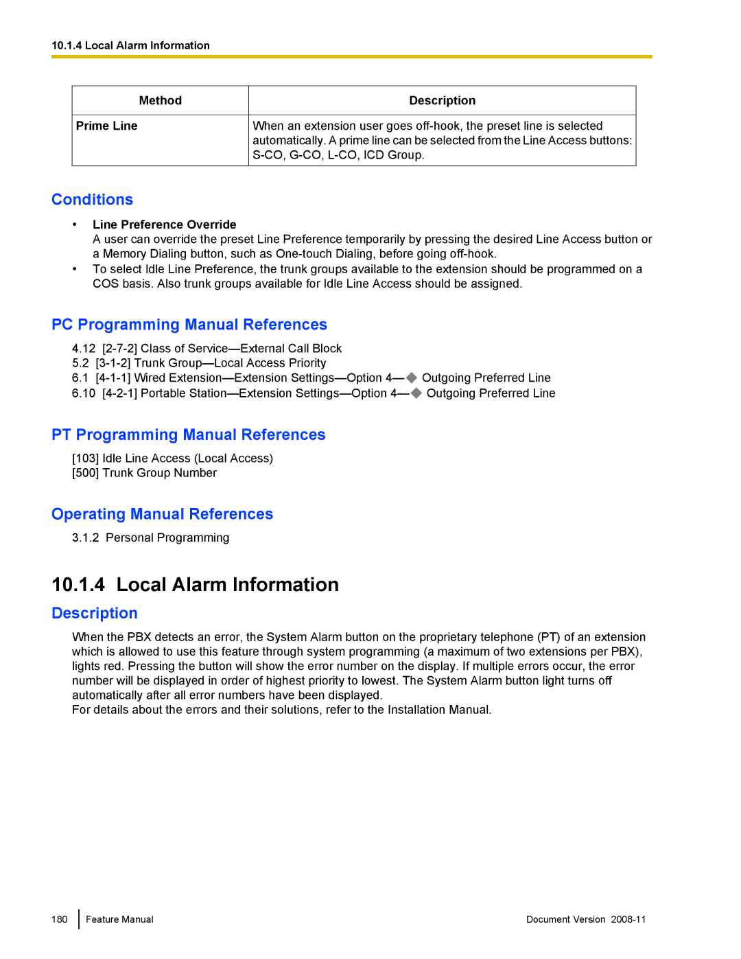 Panasonic KX-TDA50 manual Local Alarm Information, Method Prime Line Description, Line Preference Override 