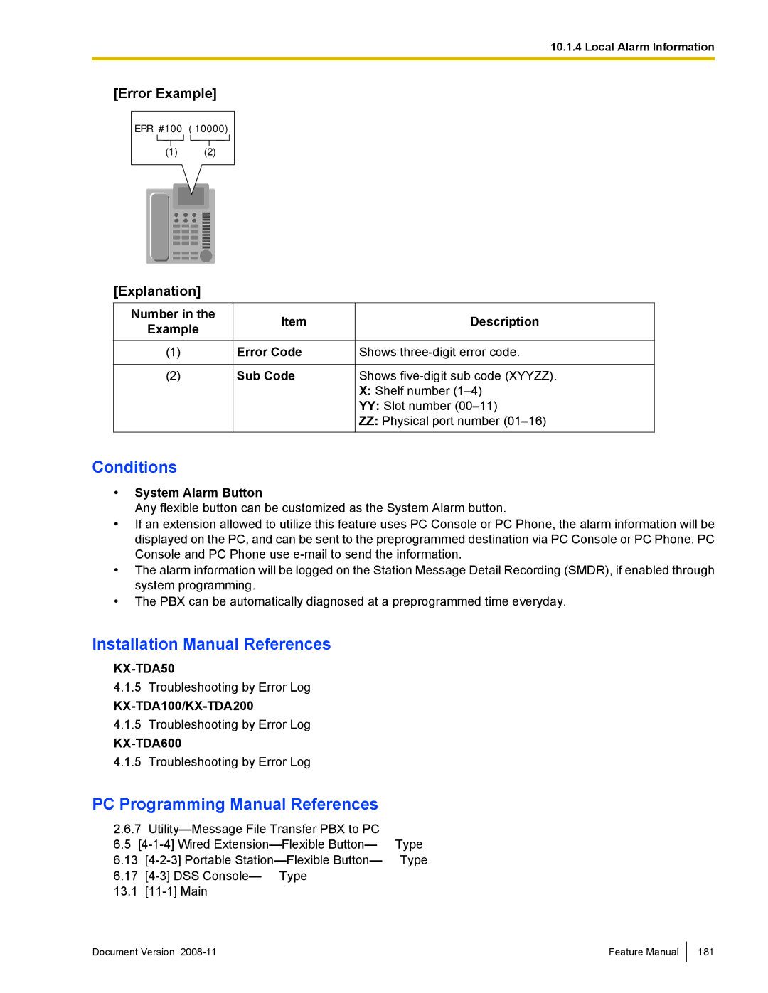 Panasonic KX-TDA50 manual Error Example, Explanation, Number Example Error Code Sub Code Description, System Alarm Button 