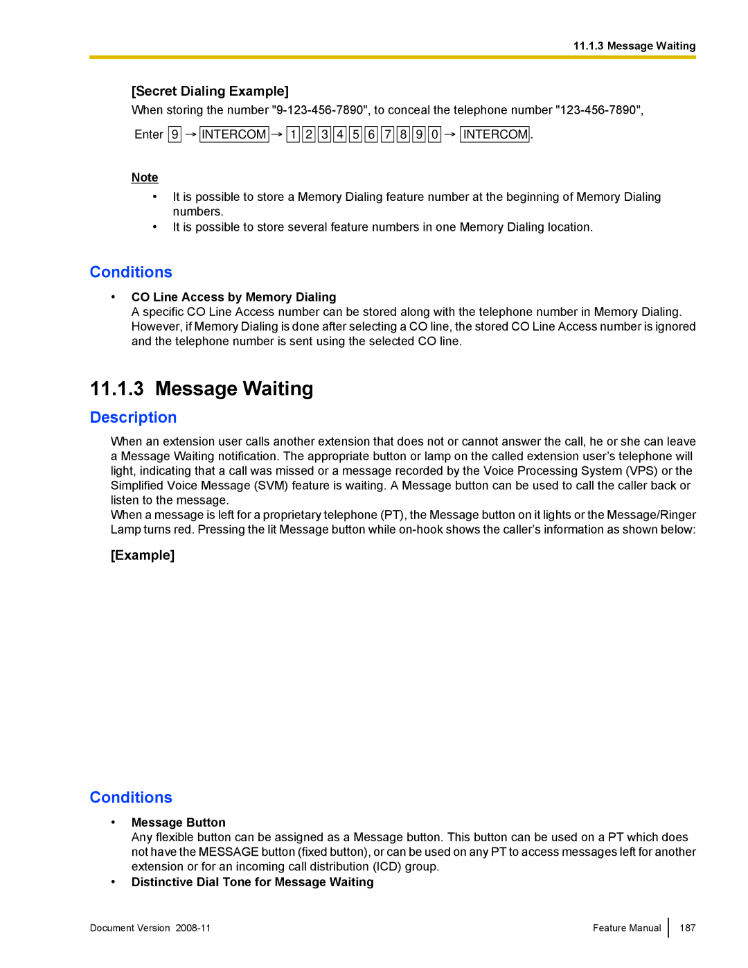 Panasonic KX-TDA50 manual Message Waiting, Secret Dialing Example, CO Line Access by Memory Dialing, Message Button 