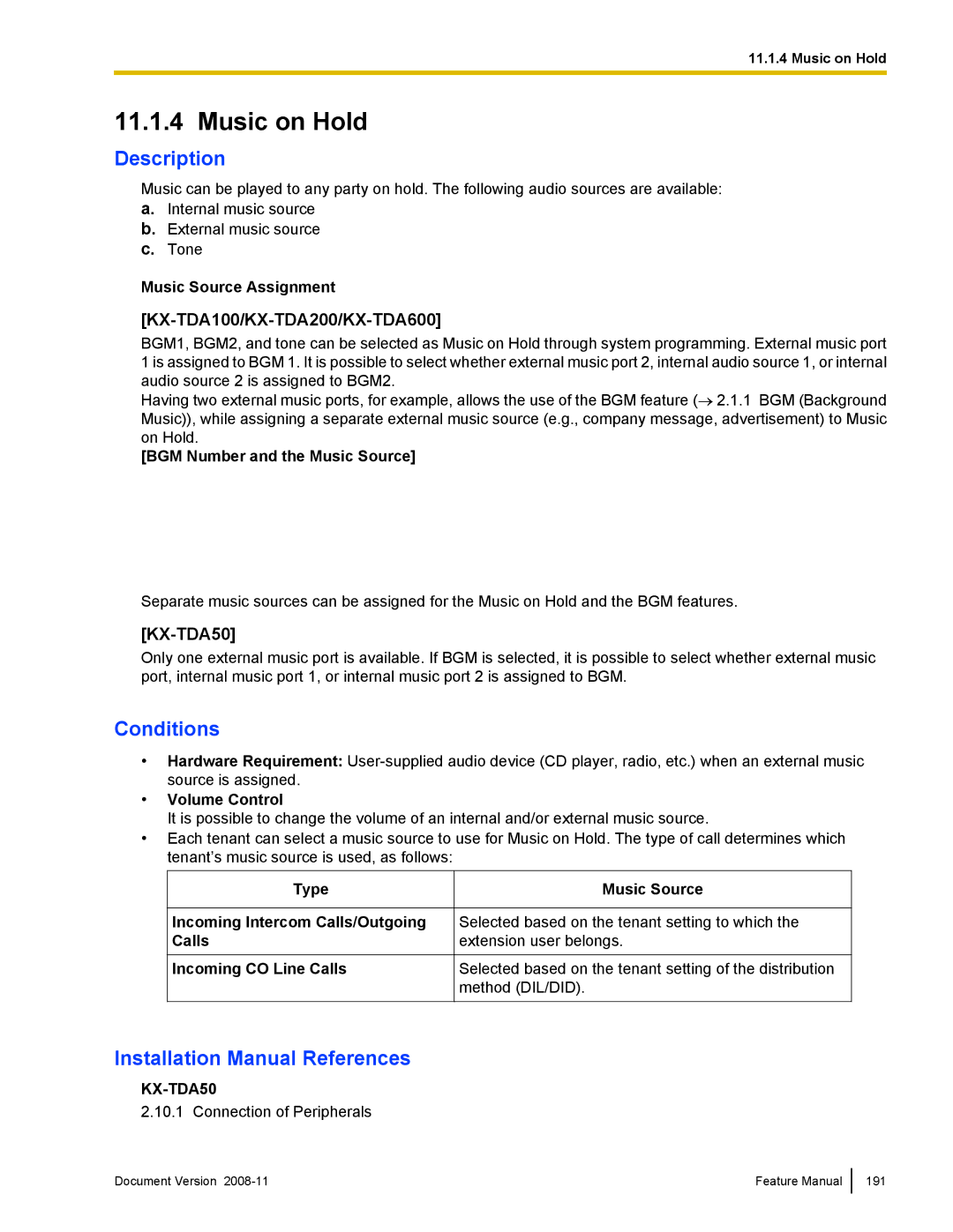 Panasonic KX-TDA50 manual Music on Hold, Music Source Assignment, Volume Control 