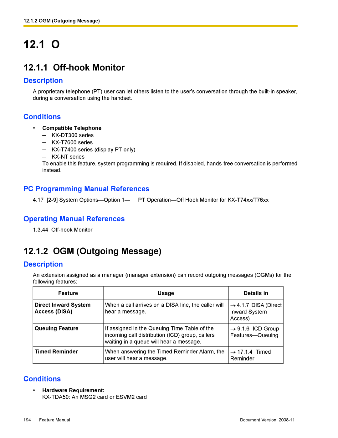 Panasonic KX-TDA50 manual Off-hook Monitor, OGM Outgoing Message 