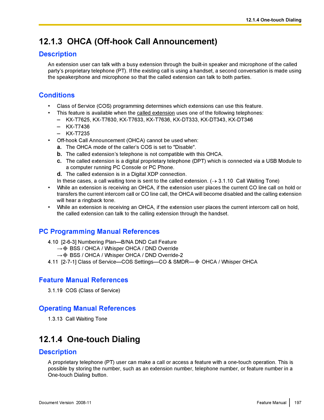 Panasonic KX-TDA50 manual Ohca Off-hook Call Announcement, One-touch Dialing 