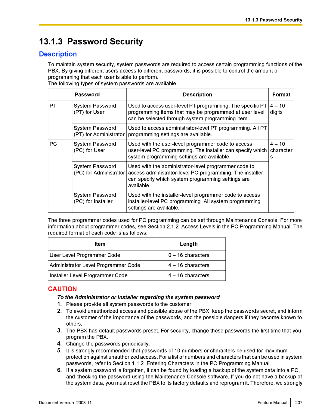 Panasonic KX-TDA50 manual Password Security, Password Description, Format, Length 