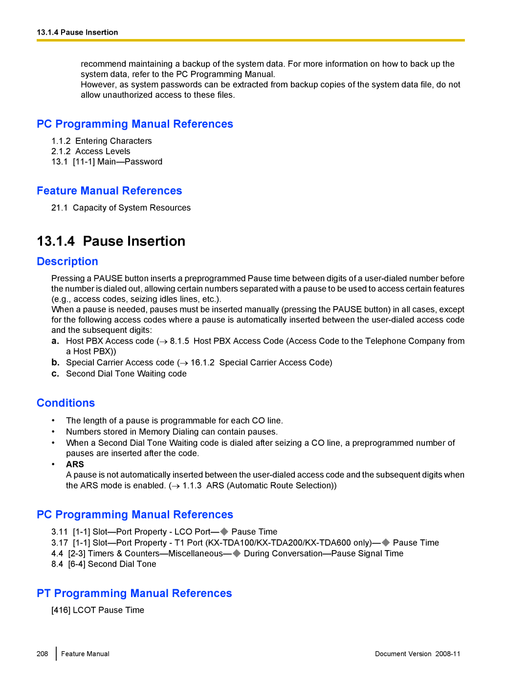 Panasonic KX-TDA50 manual Pause Insertion, Ars 