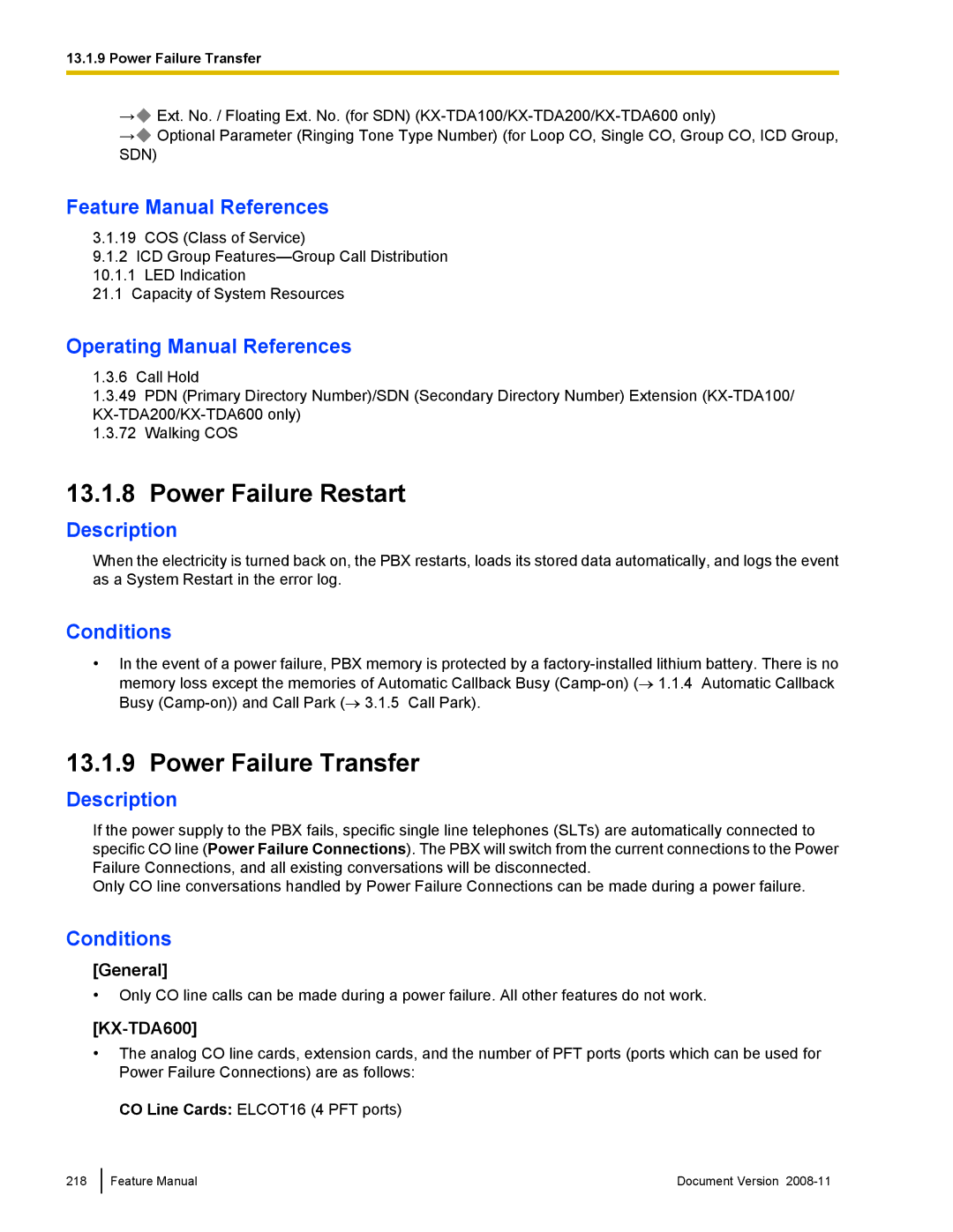 Panasonic KX-TDA50 manual Power Failure Restart, Power Failure Transfer, KX-TDA600 