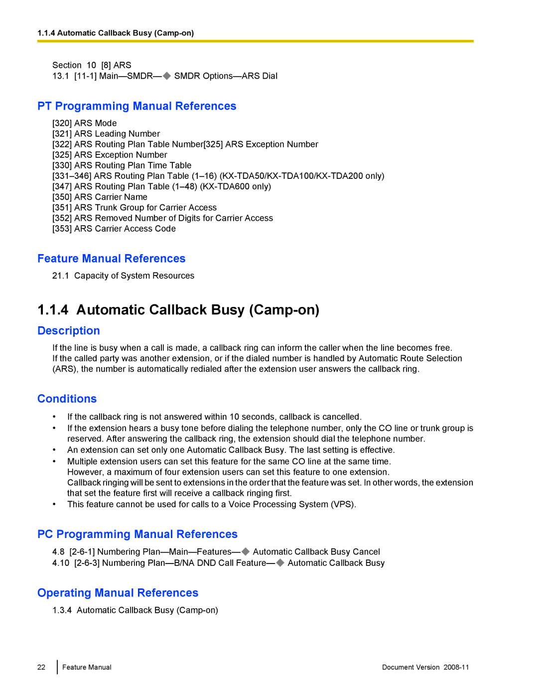 Panasonic KX-TDA50 manual Automatic Callback Busy Camp-on 