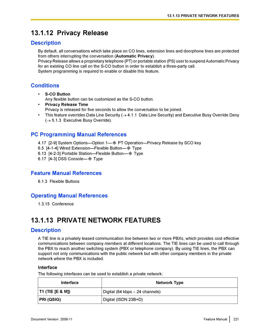 Panasonic KX-TDA50 manual Privacy Release, Interface, PRI Qsig 