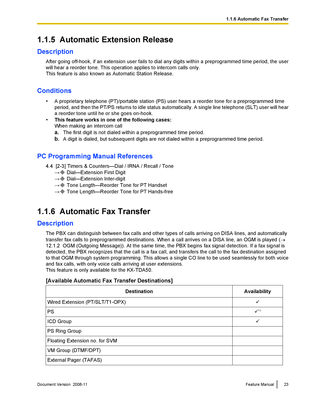 Panasonic KX-TDA50 manual Automatic Extension Release, Available Automatic Fax Transfer Destinations, Availability 