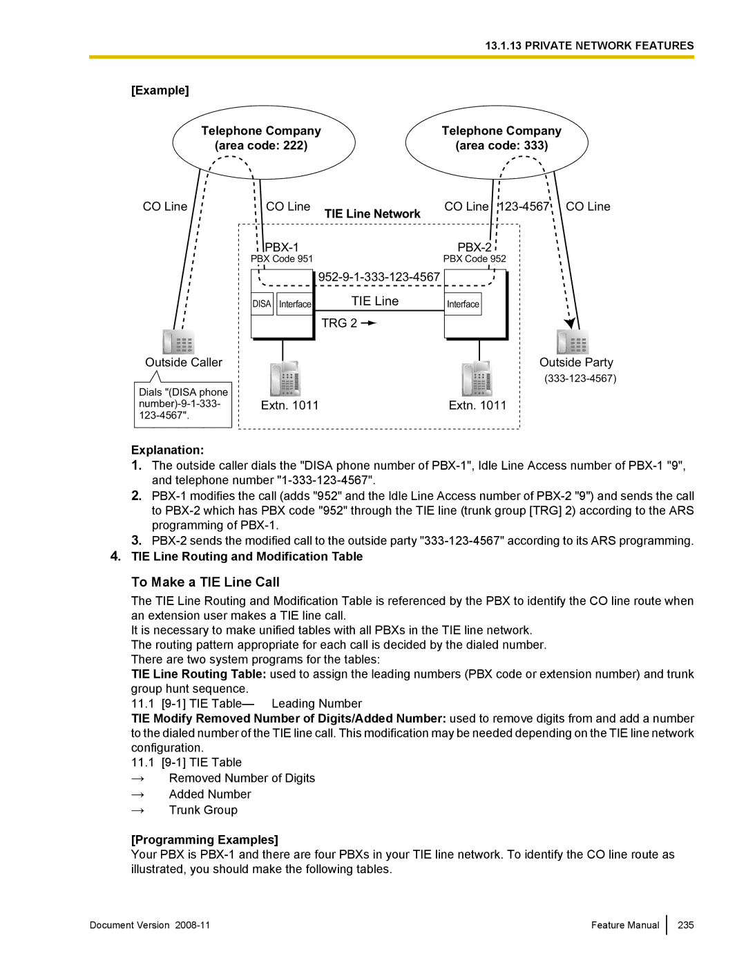 Panasonic KX-TDA50 manual To Make a TIE Line Call, Area code, Explanation, TIE Line Routing and Modification Table 