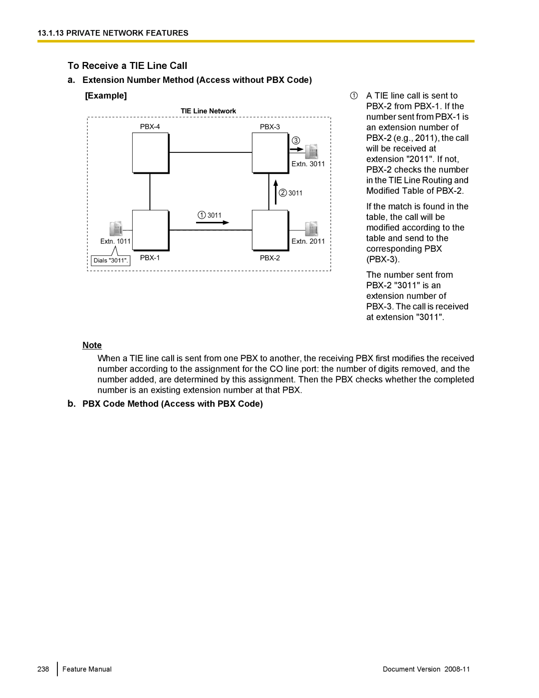 Panasonic KX-TDA50 manual To Receive a TIE Line Call, Extension Number Method Access without PBX Code Example 