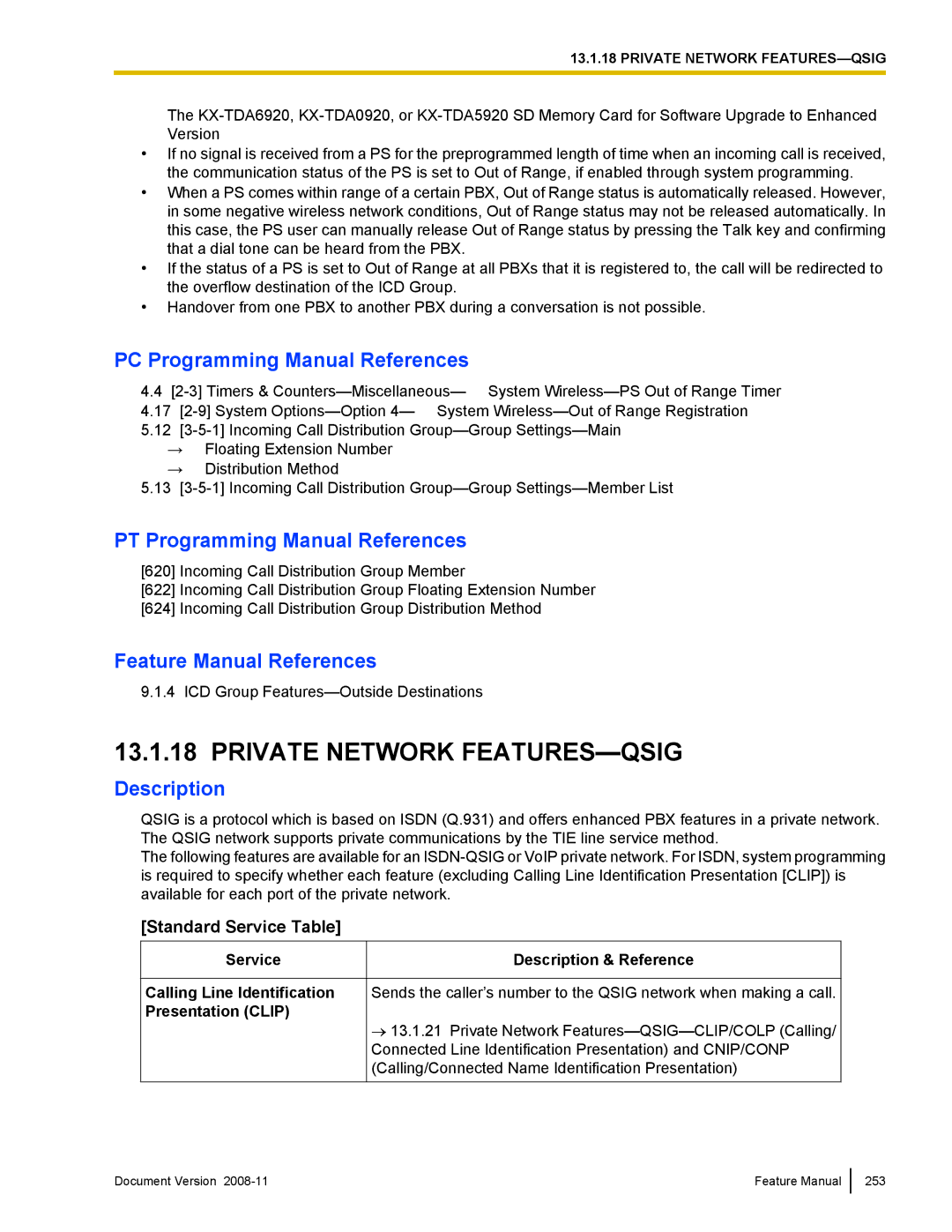 Panasonic KX-TDA50 manual Private Network FEATURES-QSIG, Standard Service Table 