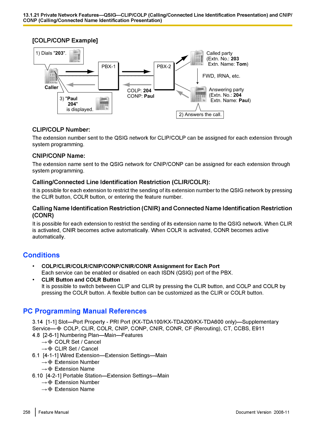 Panasonic KX-TDA50 manual COLP/CONP Example, CNIP/CONP Name, Calling/Connected Line Identification Restriction CLIR/COLR 