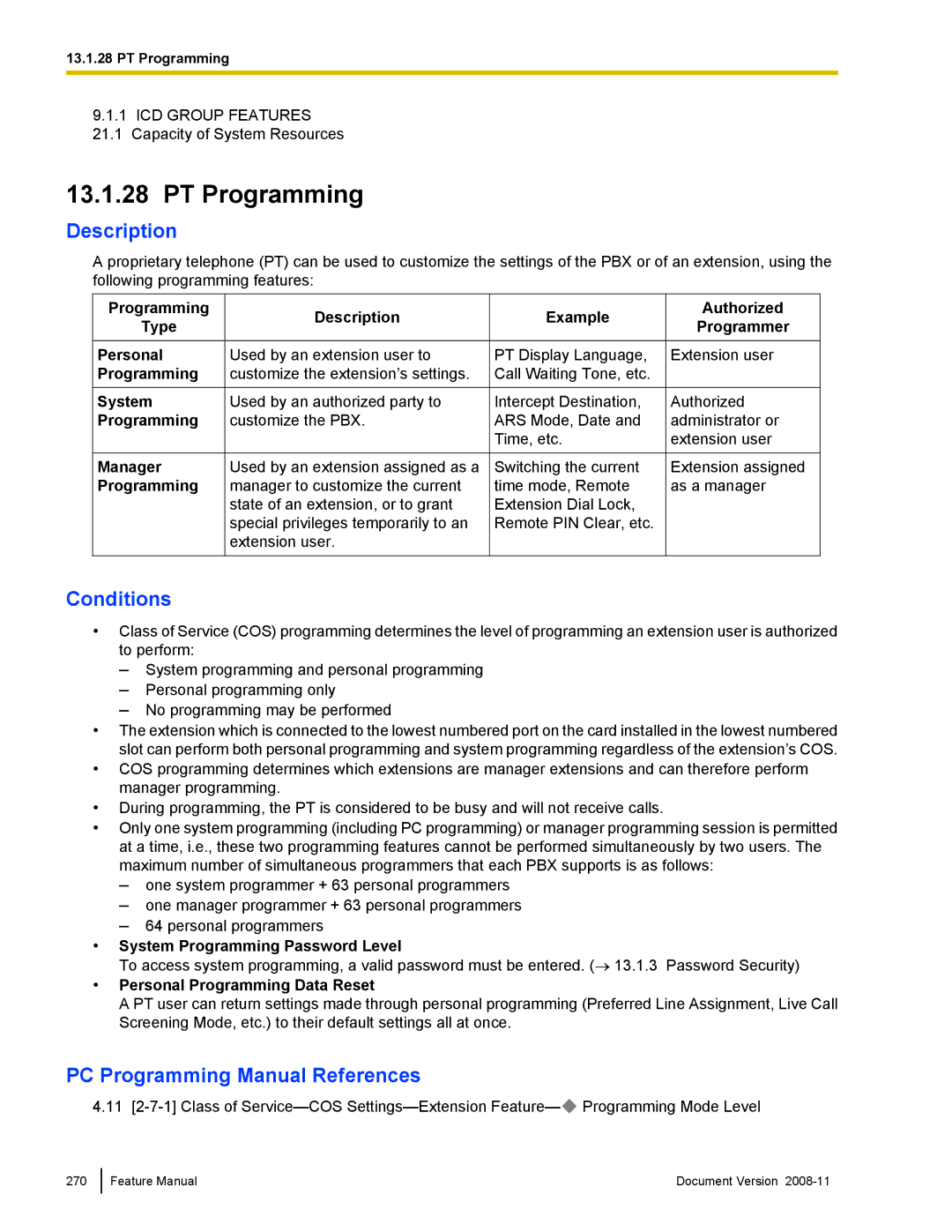 Panasonic KX-TDA50 manual PT Programming, Authorized Programmer, System Programming Password Level 