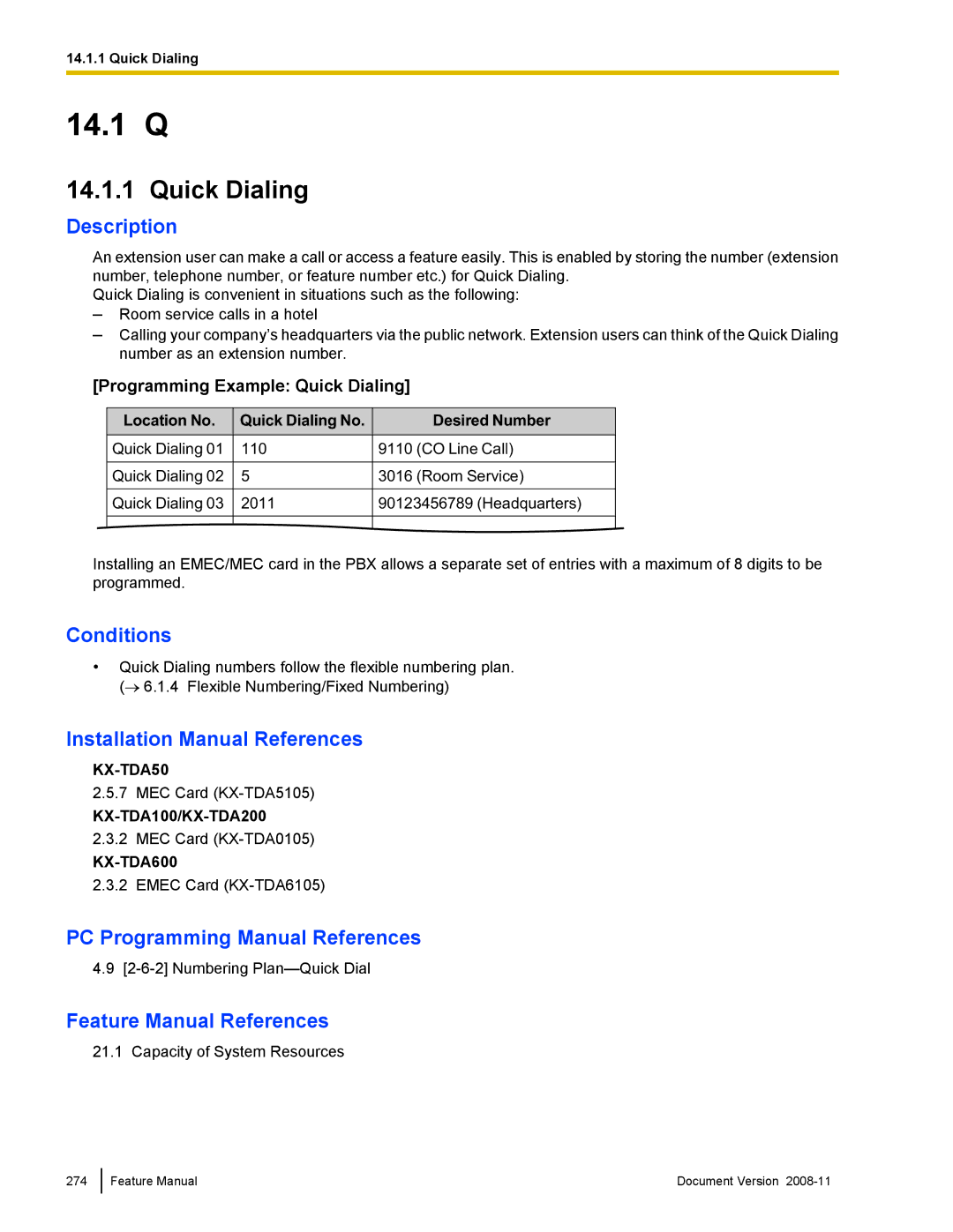 Panasonic KX-TDA50 manual Programming Example Quick Dialing, Location No Quick Dialing No Desired Number 