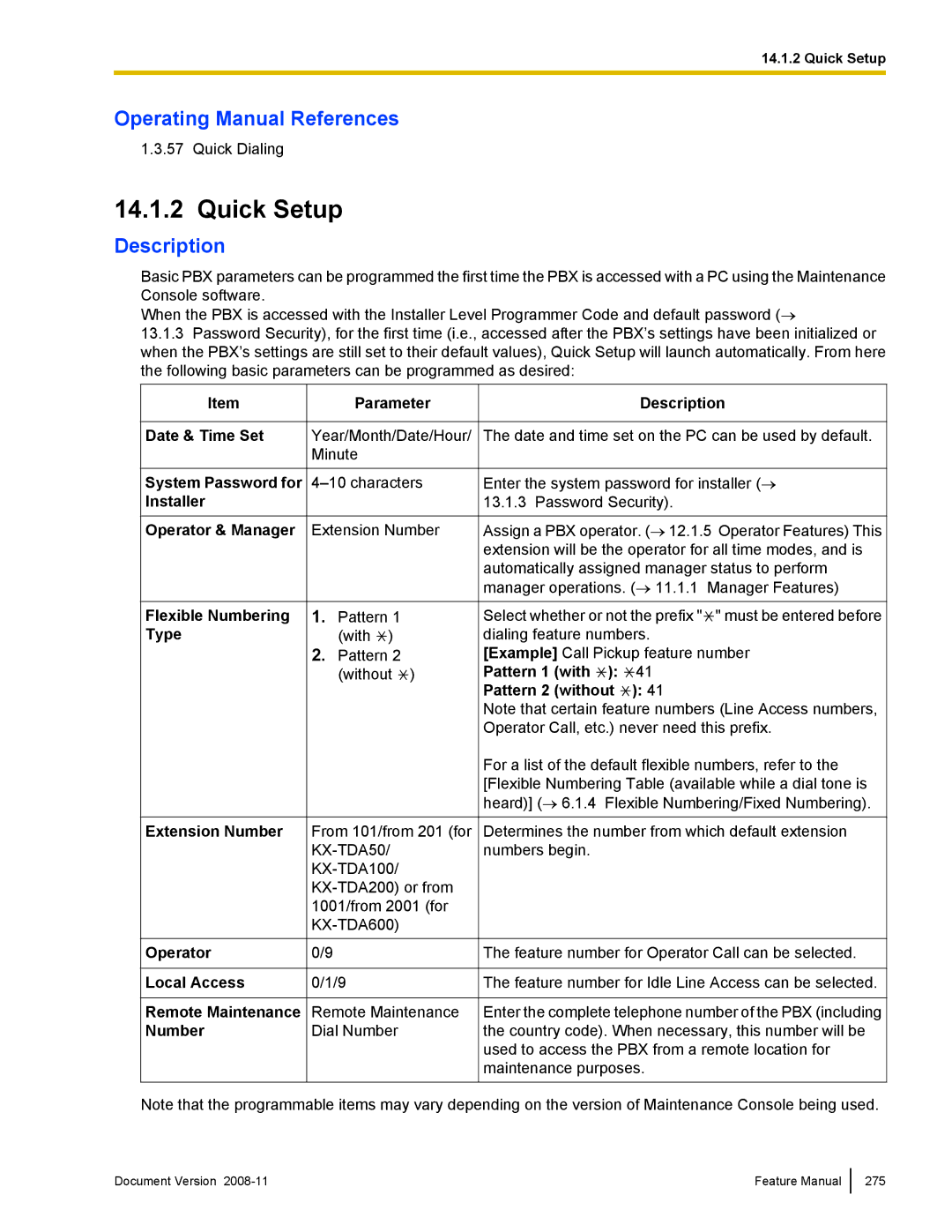 Panasonic KX-TDA50 manual Quick Setup, Parameter, Pattern 2 without 