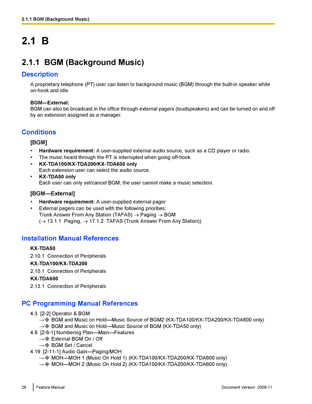 Panasonic KX-TDA50 manual BGM Background Music, BGM-External, KX-TDA100/KX-TDA200, KX-TDA600 