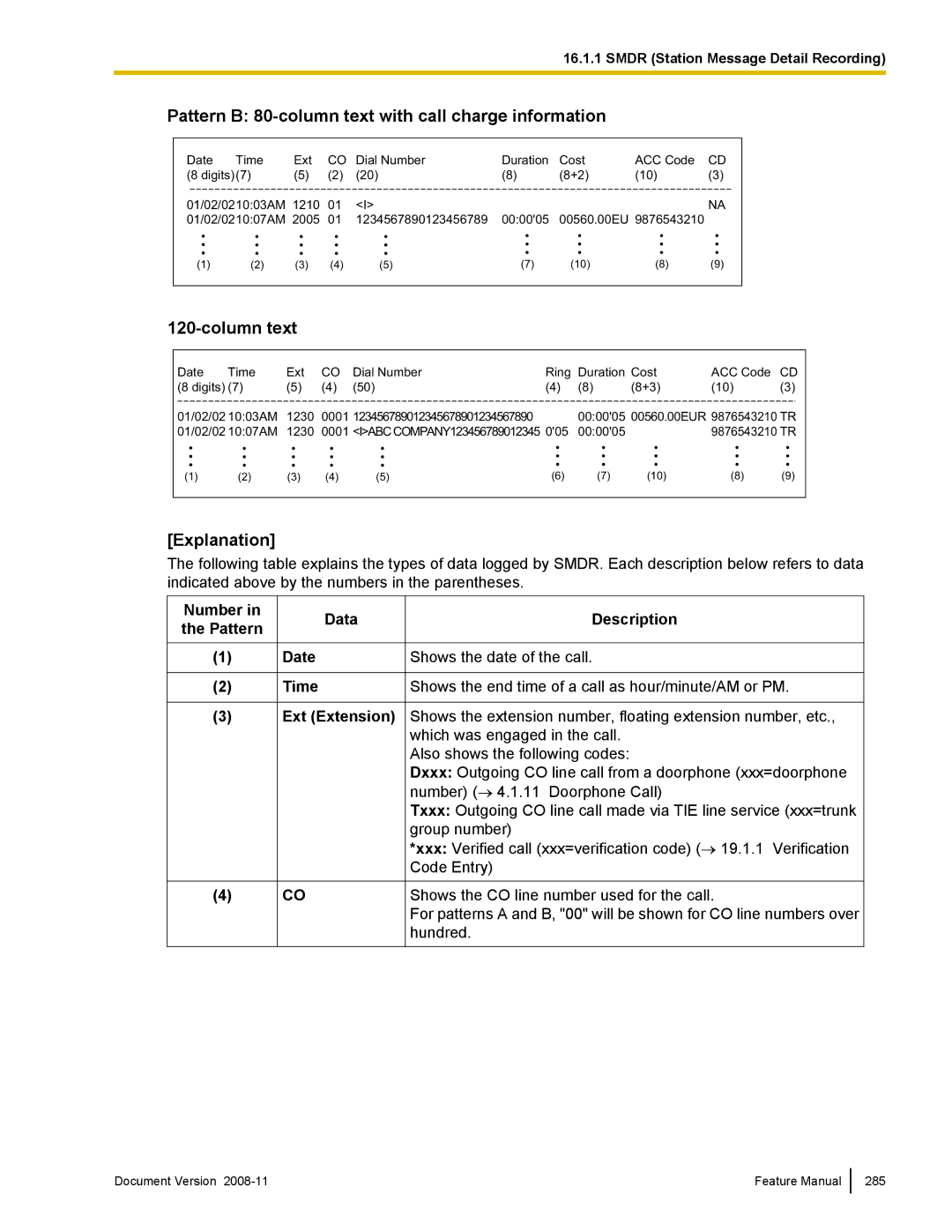 Panasonic KX-TDA50 manual Pattern B 80-column text with call charge information, Column text 