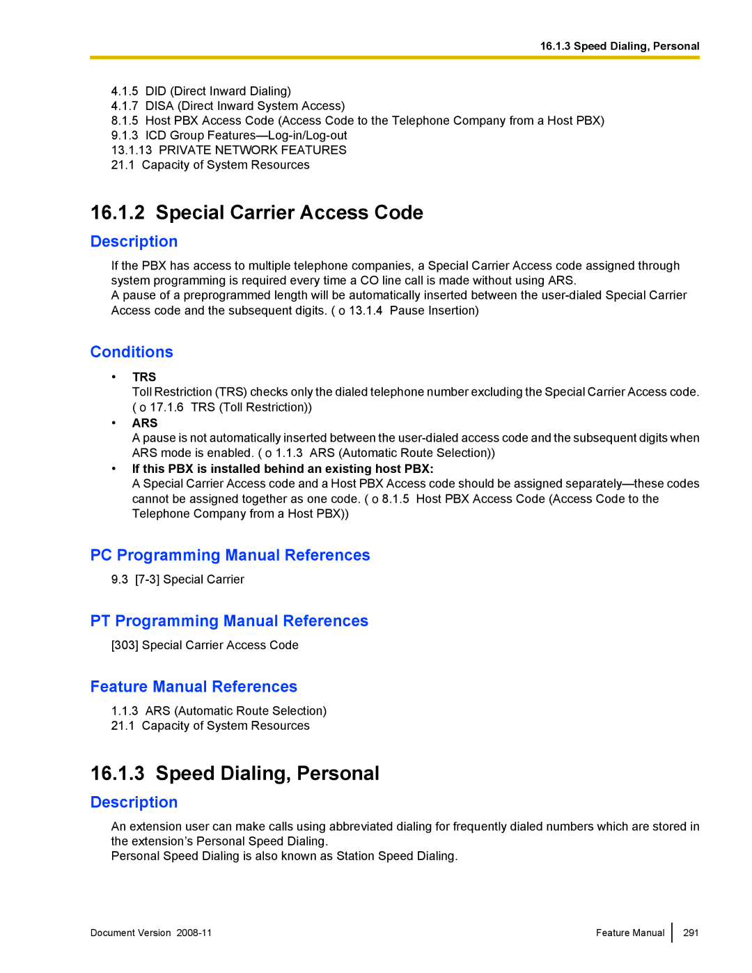 Panasonic KX-TDA50 manual Special Carrier Access Code, Speed Dialing, Personal 