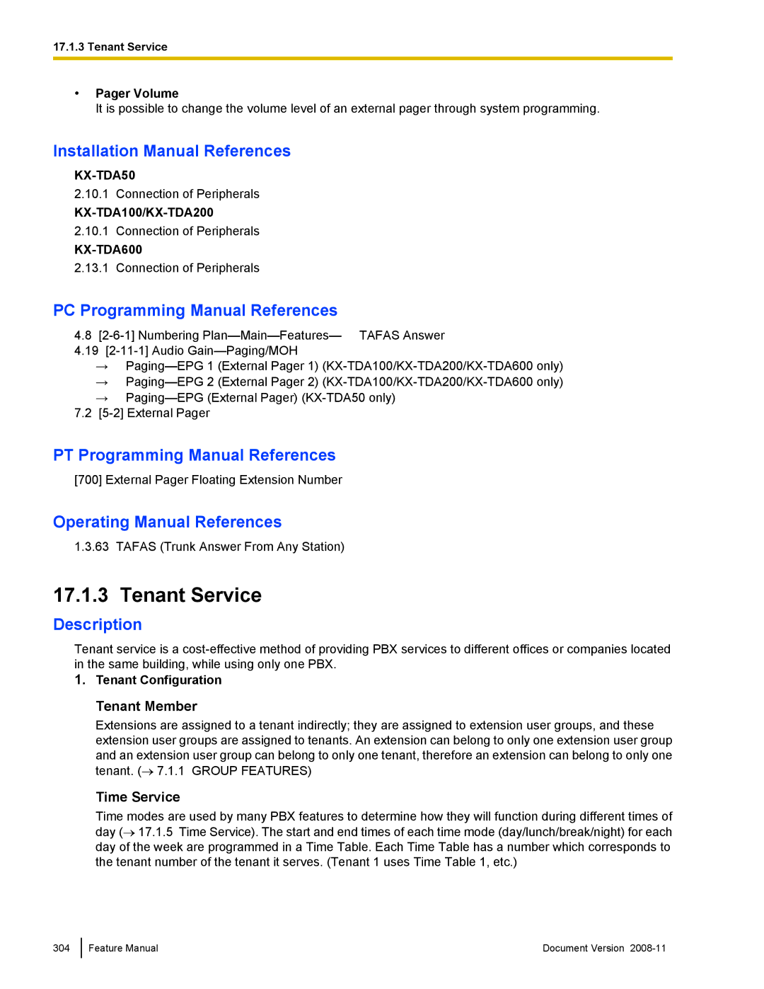 Panasonic KX-TDA50 manual Tenant Service, Tenant Member, Time Service, Pager Volume, Tenant Configuration 