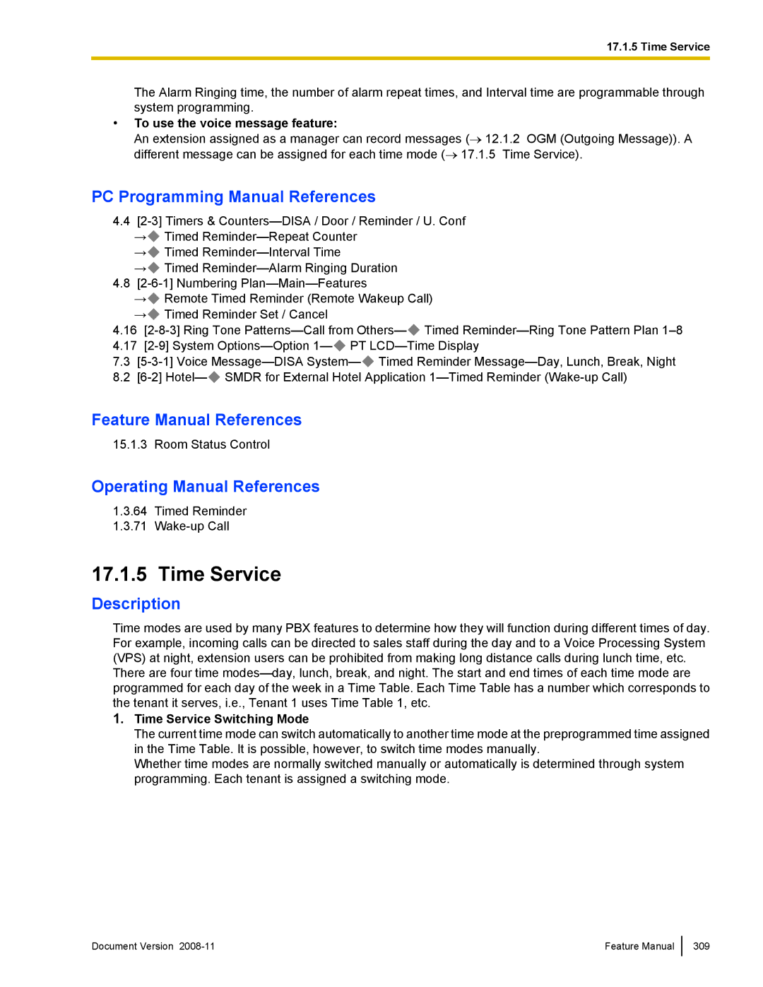 Panasonic KX-TDA50 manual To use the voice message feature, Time Service Switching Mode 