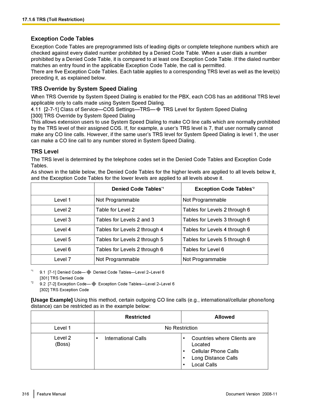 Panasonic KX-TDA50 manual Exception Code Tables, TRS Override by System Speed Dialing, TRS Level 