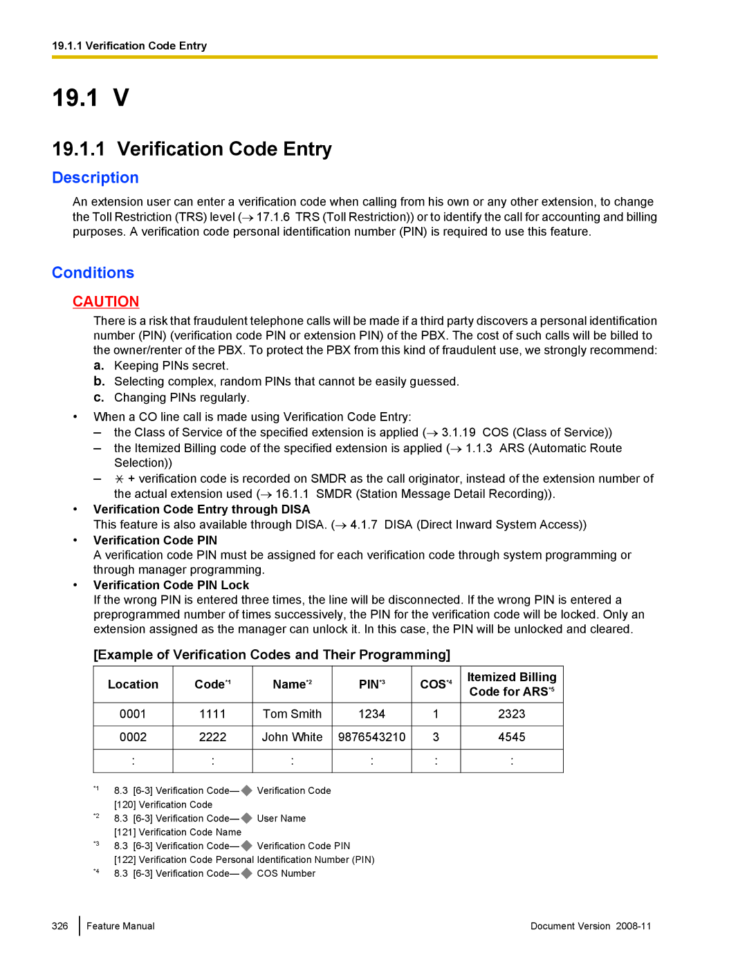 Panasonic KX-TDA50 manual Verification Code Entry, Example of Verification Codes and Their Programming, PIN*3, COS*4 