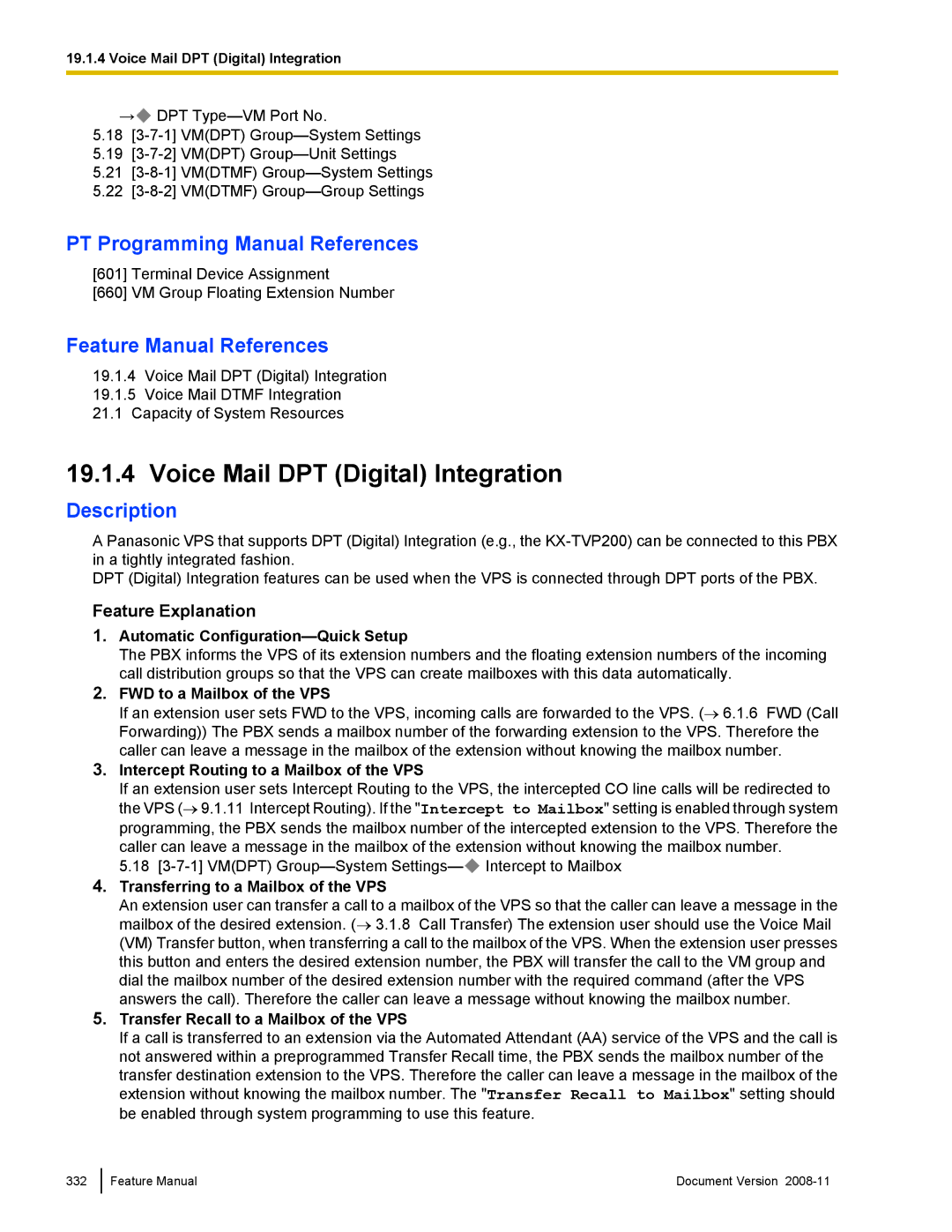 Panasonic KX-TDA50 manual Voice Mail DPT Digital Integration, Feature Explanation 