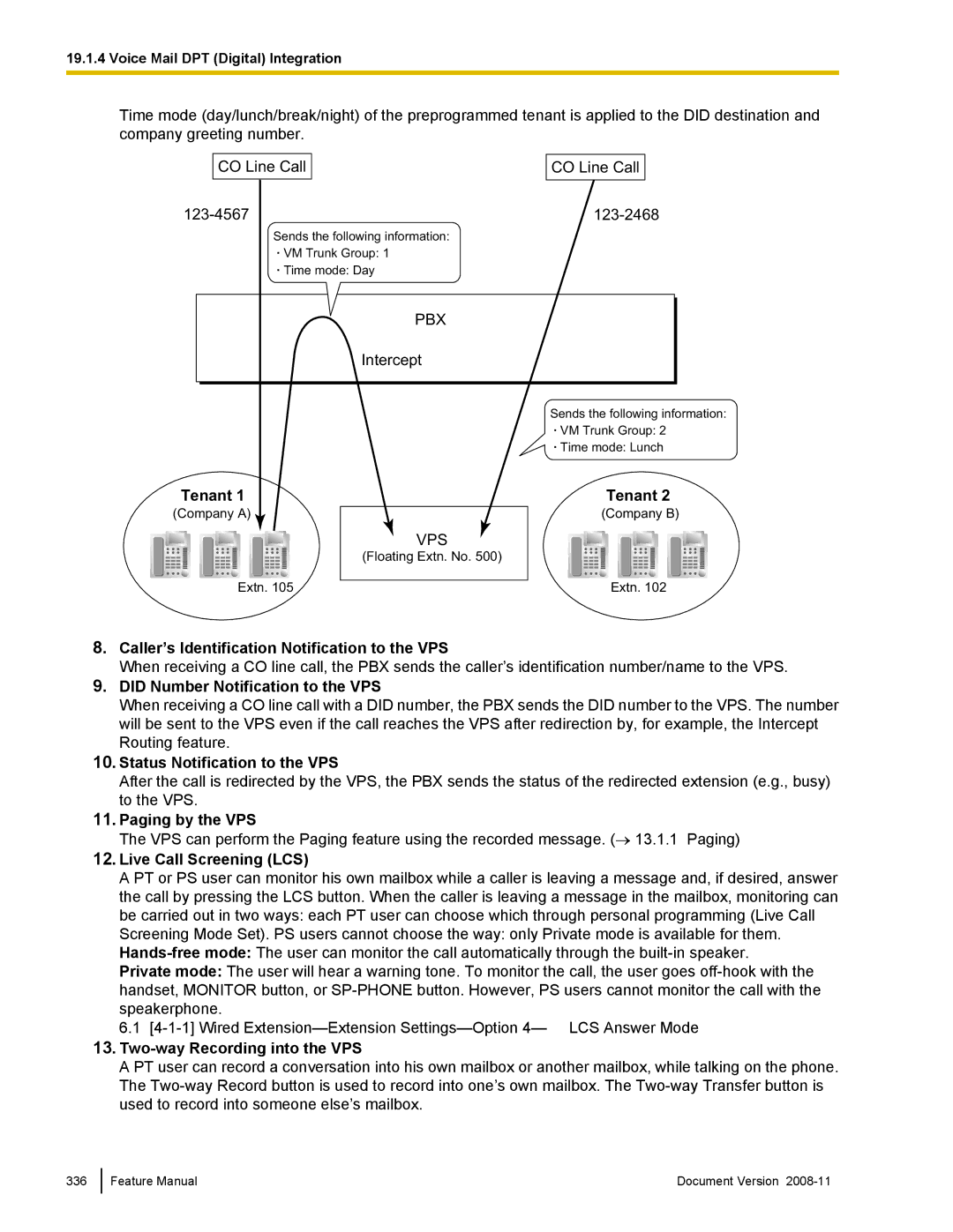 Panasonic KX-TDA50 Caller’s Identification Notification to the VPS, Did Number Notification to the VPS, Paging by the VPS 