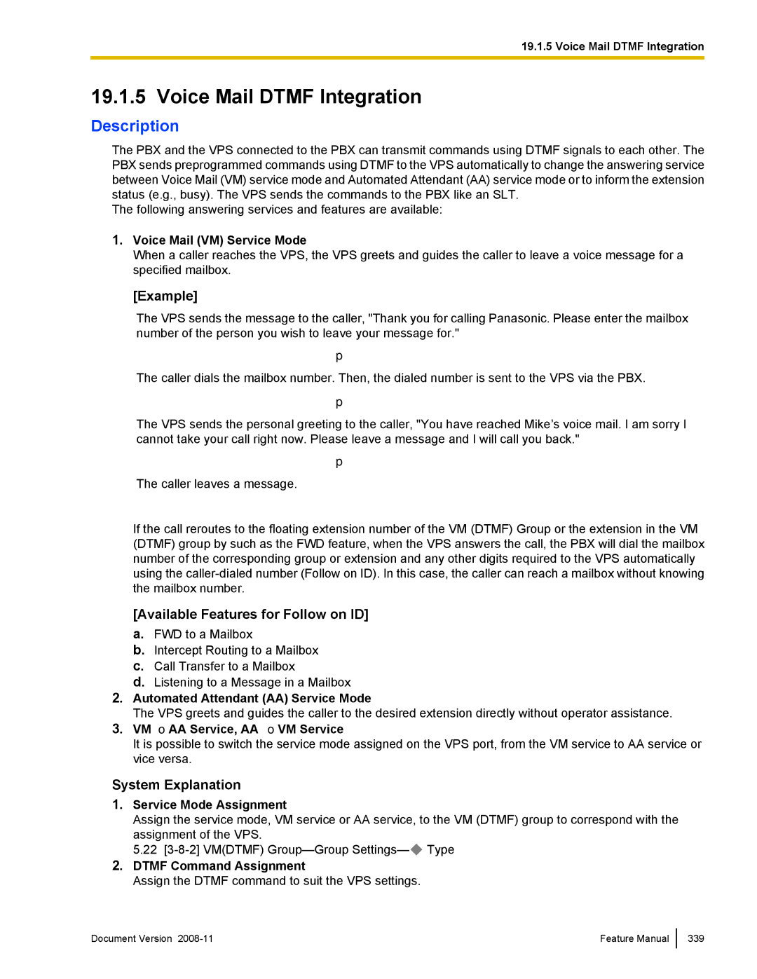 Panasonic KX-TDA50 manual Voice Mail Dtmf Integration, Available Features for Follow on ID, System Explanation 