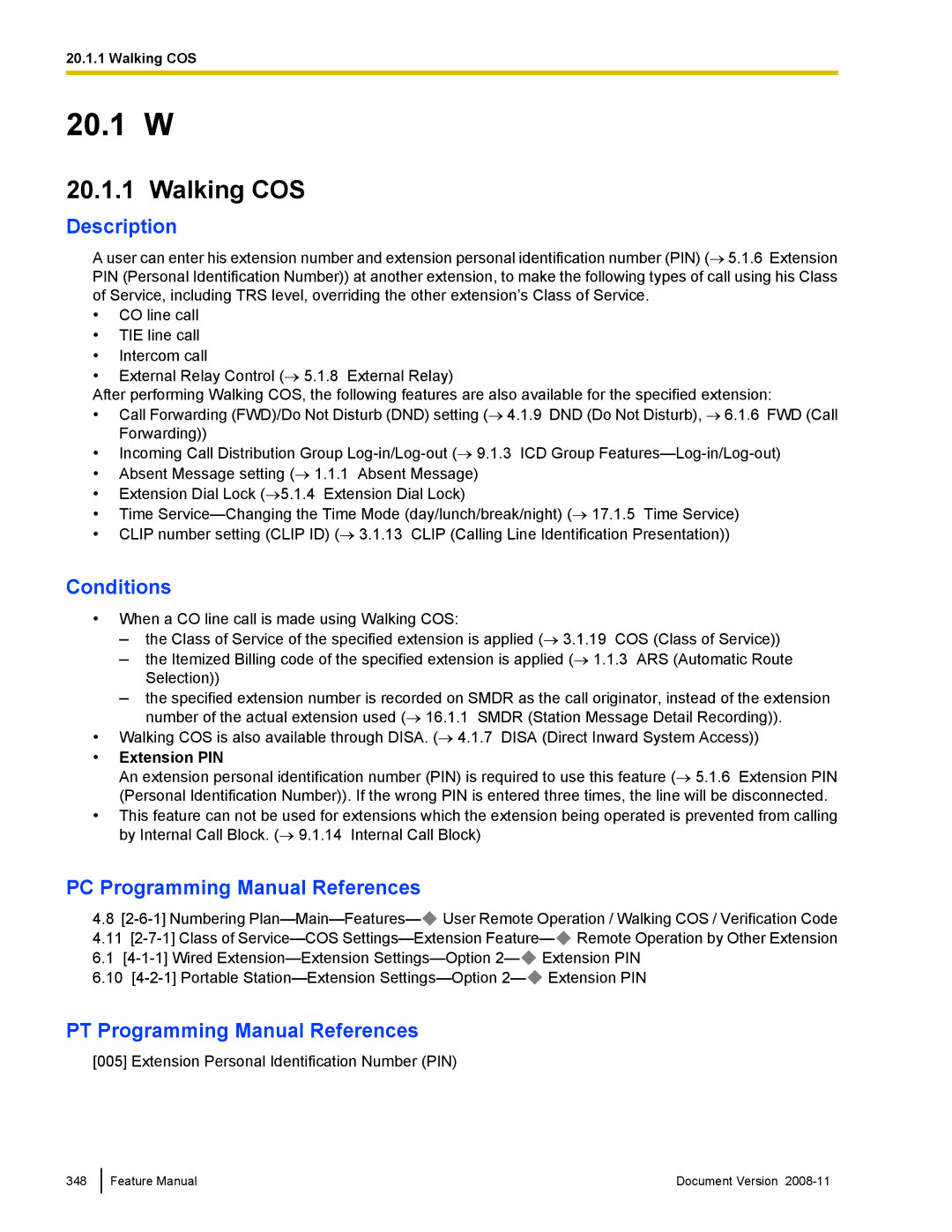 Panasonic KX-TDA50 manual Walking COS, Extension PIN 