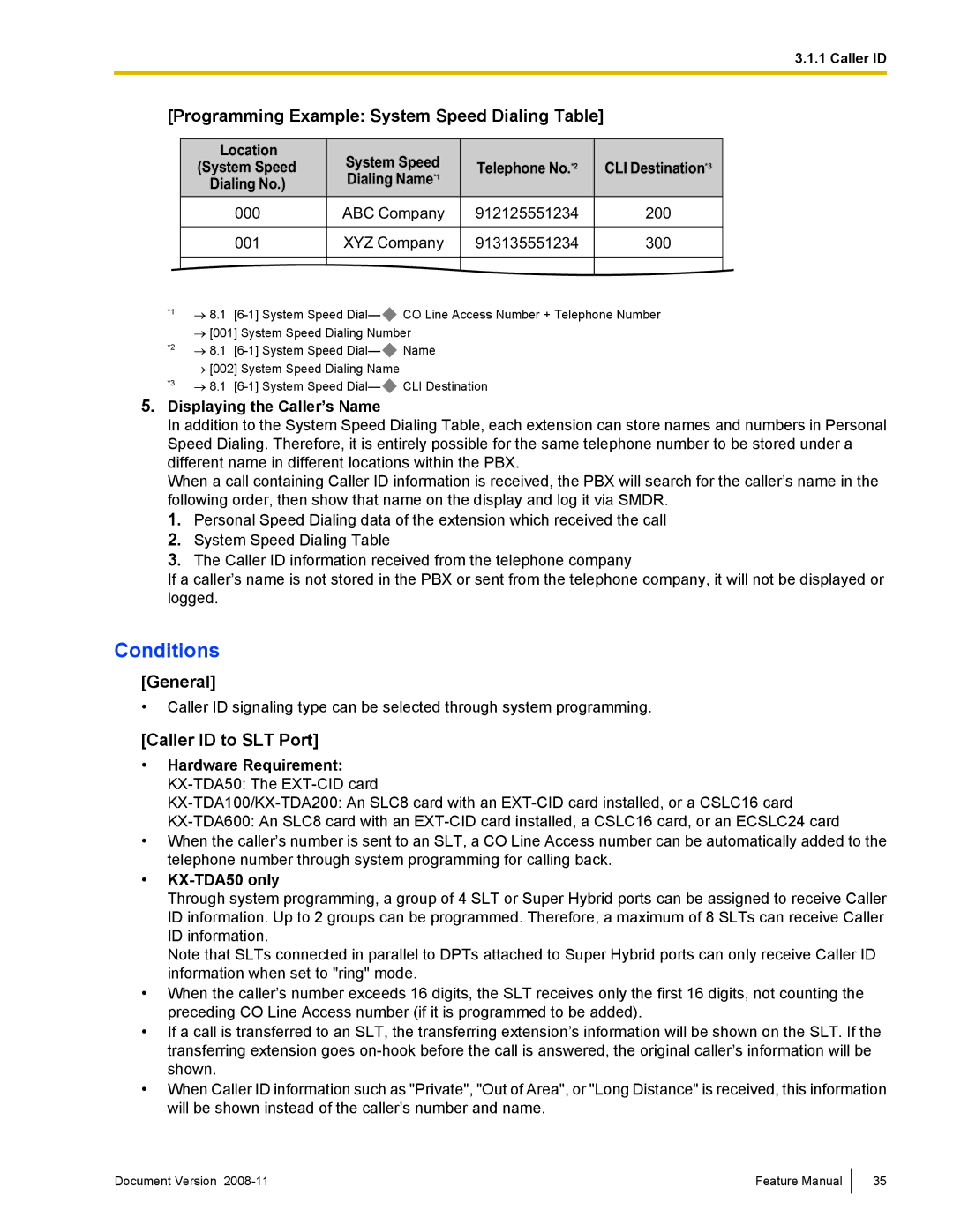 Panasonic KX-TDA50 manual Programming Example System Speed Dialing Table, General, Caller ID to SLT Port 