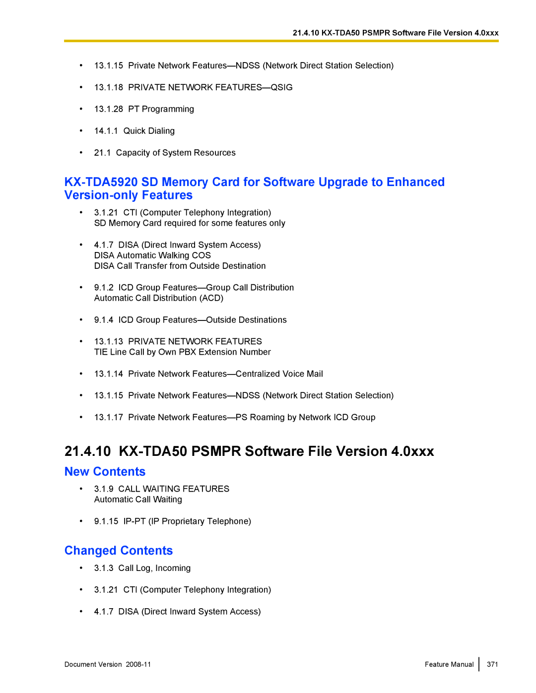 Panasonic KX-TDA50 manual Document Version Feature Manual 371 