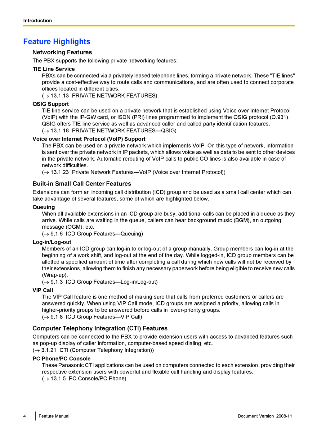 Panasonic KX-TDA50 Networking Features, Built-in Small Call Center Features, Computer Telephony Integration CTI Features 