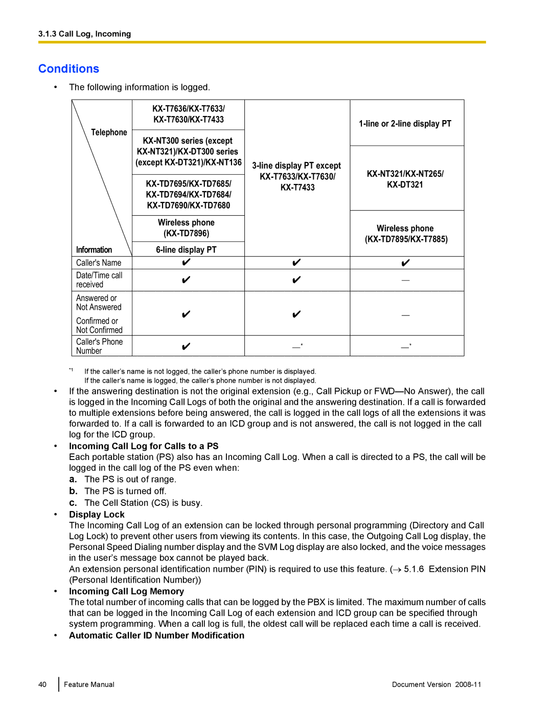 Panasonic KX-TDA50 manual Information, Incoming Call Log for Calls to a PS, Display Lock, Incoming Call Log Memory 