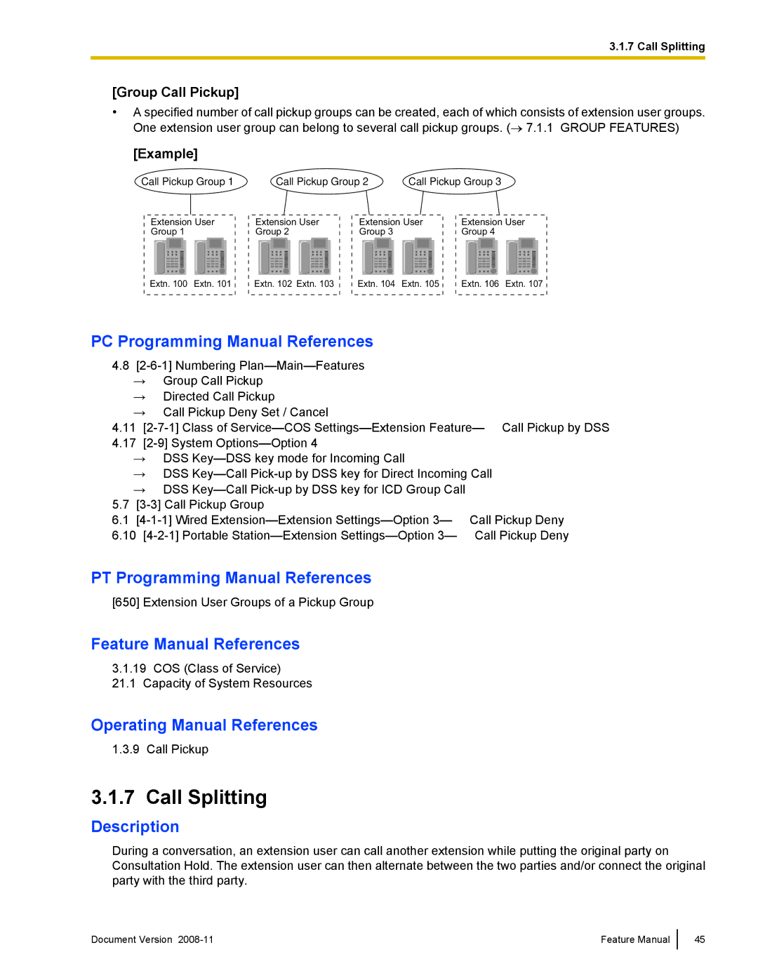 Panasonic KX-TDA50 manual Call Splitting, Group Call Pickup, Example 