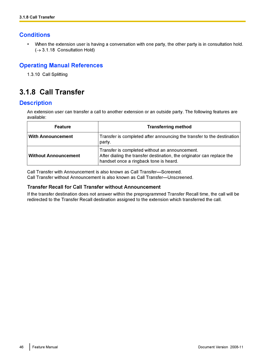 Panasonic KX-TDA50 manual Transfer Recall for Call Transfer without Announcement 