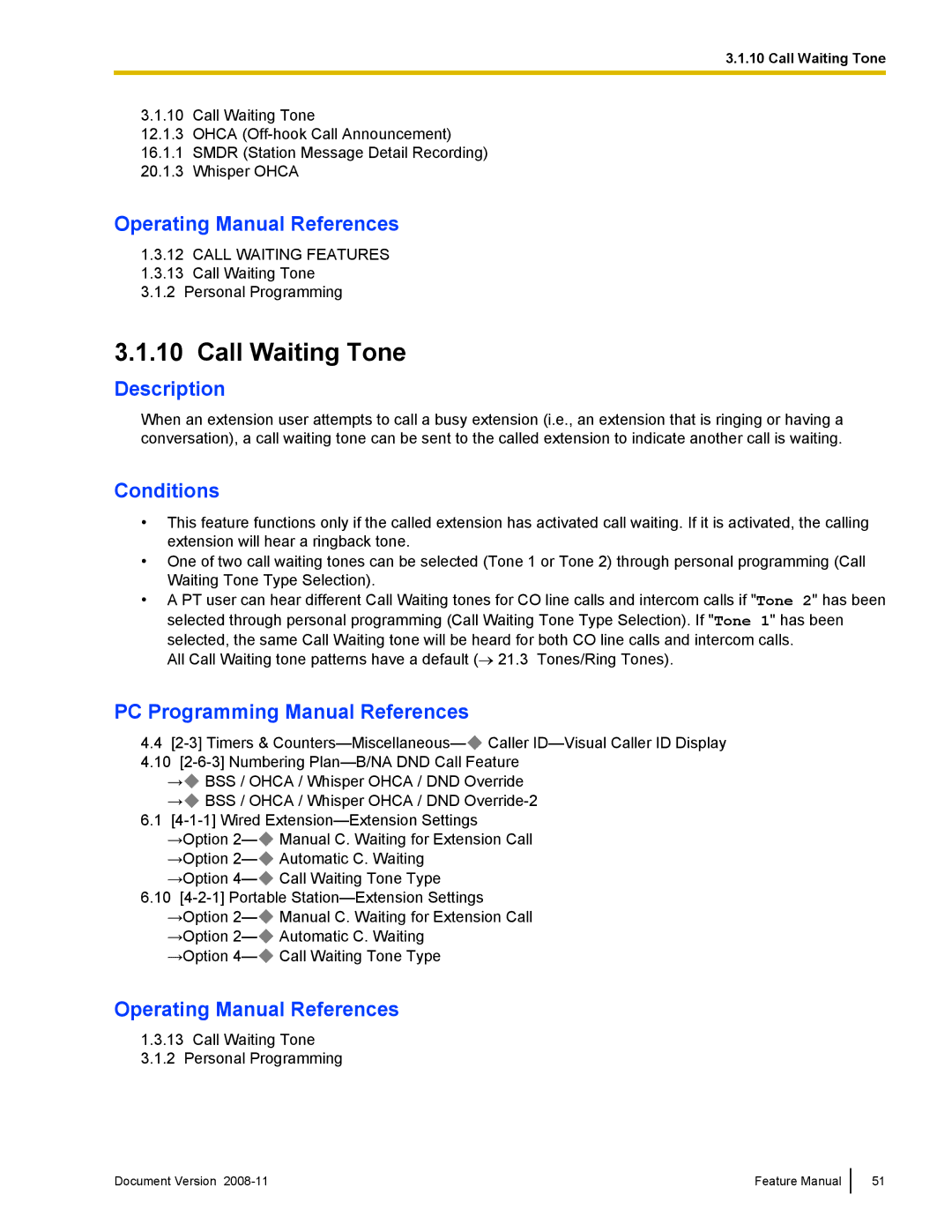 Panasonic KX-TDA50 manual Call Waiting Tone 