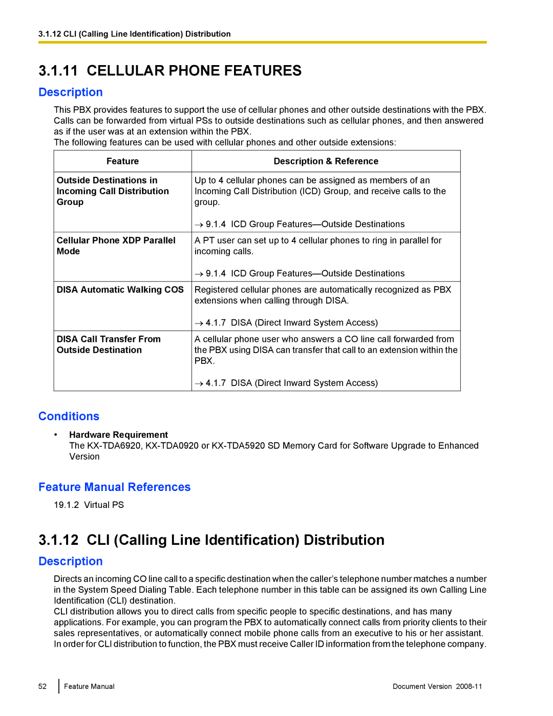 Panasonic KX-TDA50 manual CLI Calling Line Identification Distribution, Hardware Requirement 