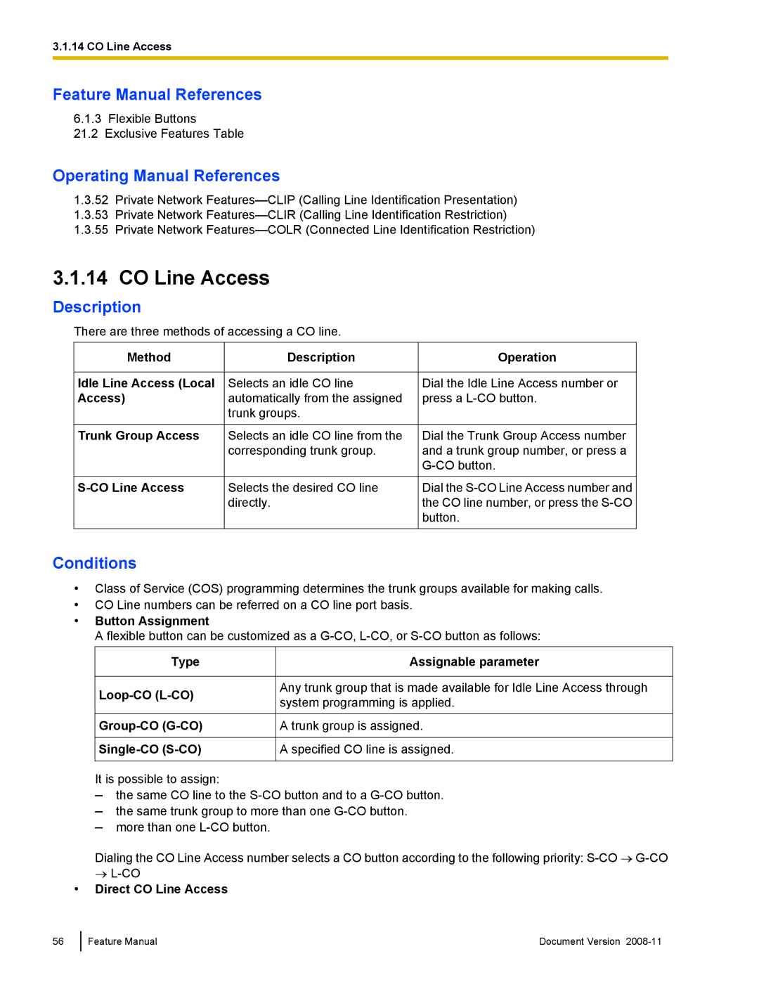 Panasonic KX-TDA50 manual Operation, Button Assignment, Direct CO Line Access 