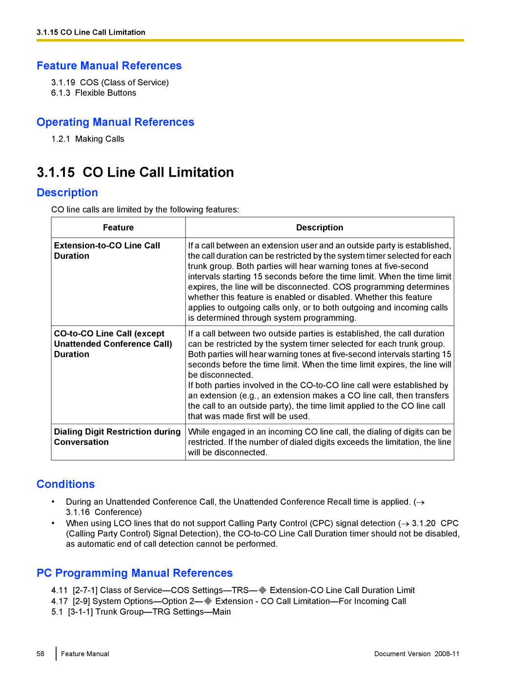 Panasonic KX-TDA50 manual CO Line Call Limitation 