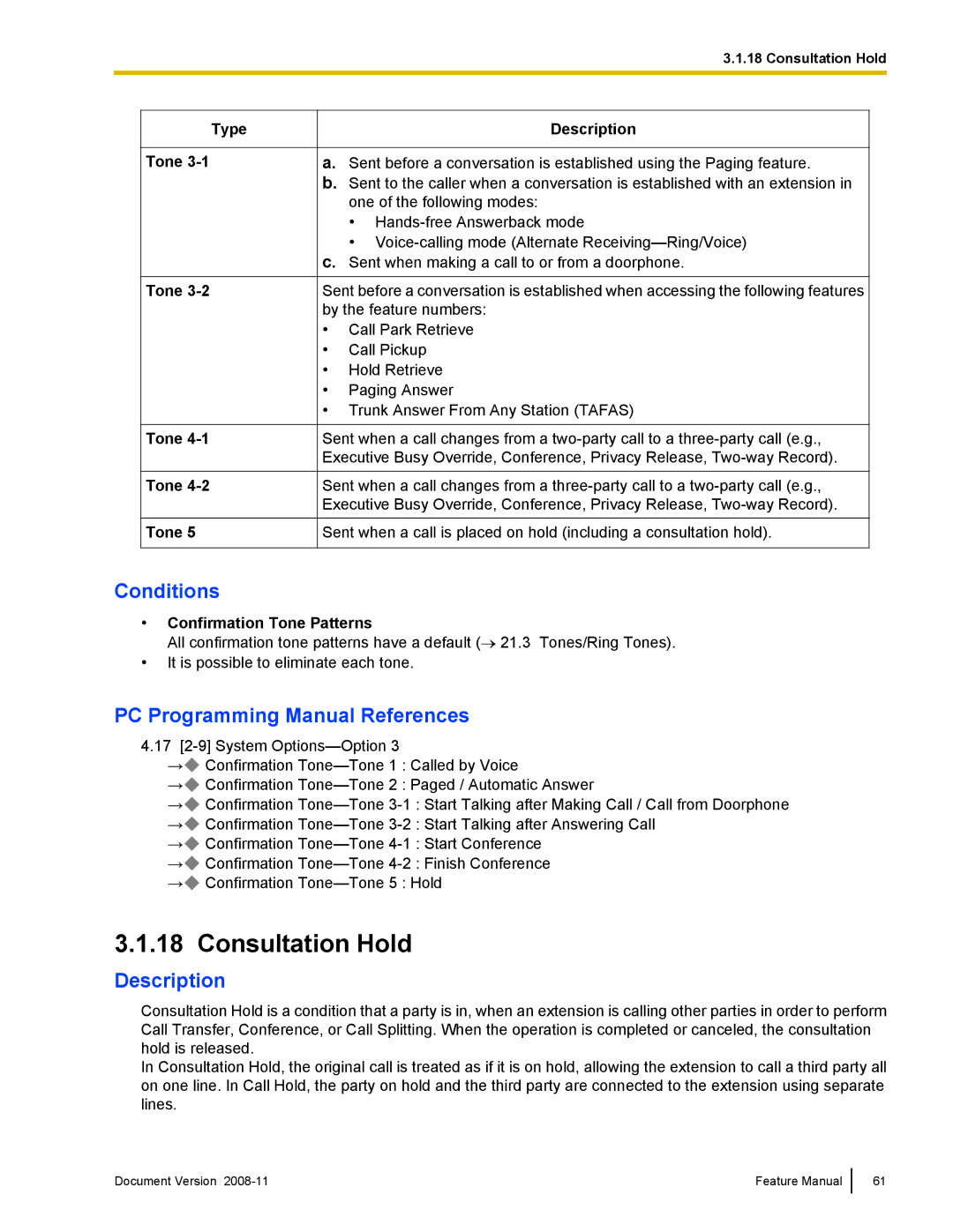 Panasonic KX-TDA50 manual Consultation Hold, Confirmation Tone Patterns 