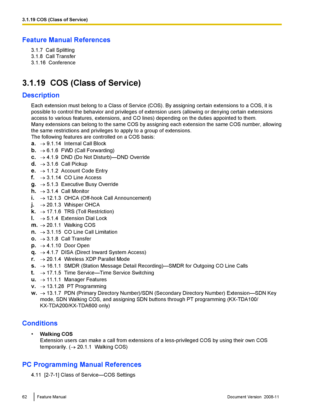 Panasonic KX-TDA50 manual COS Class of Service, Walking COS 