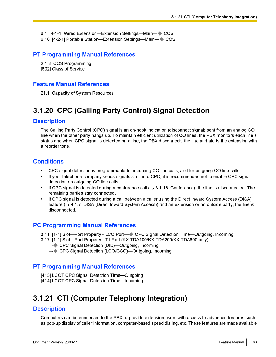 Panasonic KX-TDA50 manual CPC Calling Party Control Signal Detection, CTI Computer Telephony Integration 