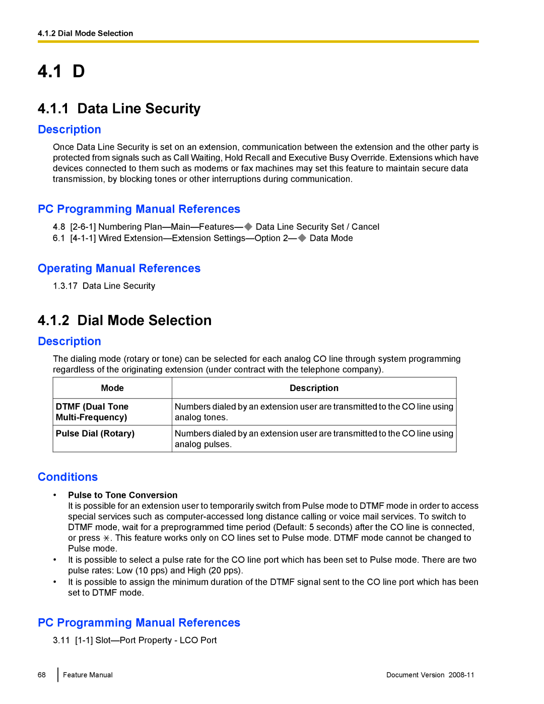 Panasonic KX-TDA50 manual Data Line Security, Dial Mode Selection, Pulse to Tone Conversion 