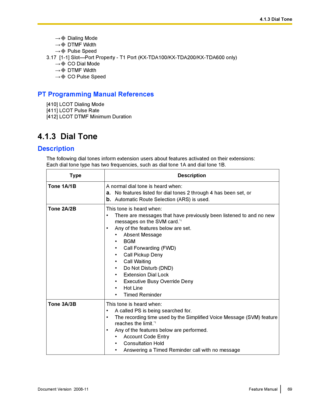 Panasonic KX-TDA50 manual Dial Tone, Type Tone 1A/1B Tone 2A/2B Tone 3A/3B Description 